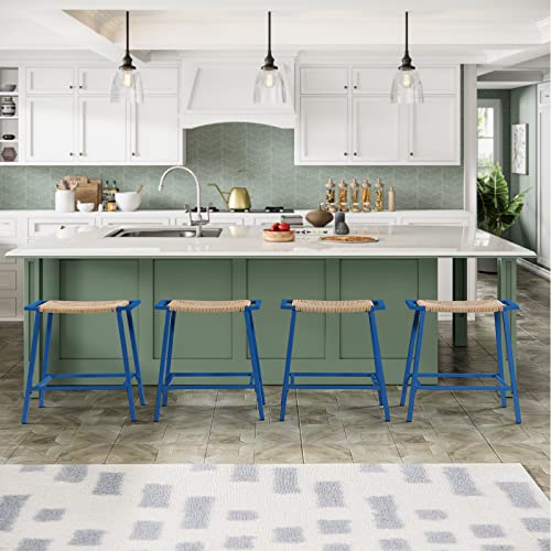 Oulluo Blue Bar Stools Set Of 1, Saddle Kitchen Stools For Island,Ropeweave Counter Height Stools,24" Backless Wicker Bar Stools For Kitchen,Water Proof Patio Outdoor Barstools Anti-Rust Metal- 919Bl1 #TOP1