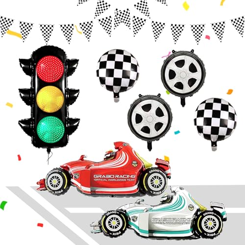 Image of Race Car Balloons Kits 31inch Traffic Light Balloon Red Blue Race Car Birthday Party Decorations Transportation Light Balloons Checkered Pennant Banner Fast One Birthday Party Supplies