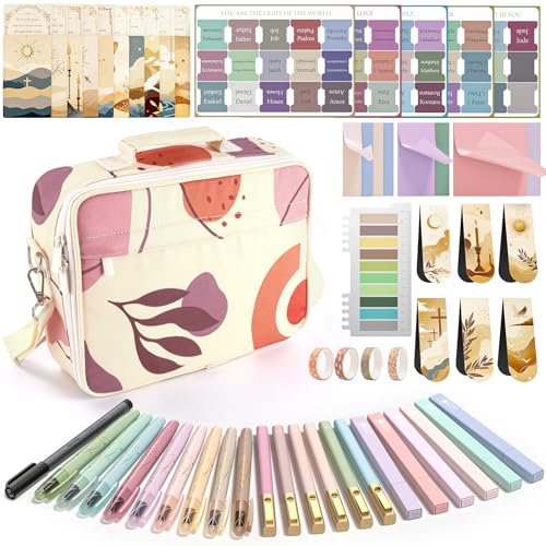 WEMATE 76 PCS Bible Study Supplies with Bible Case, 15 No Bleed Bible Highlighters and Pens, Washi Tape, Transparent Sticky Notes, Prayer Cards, Annotation Journaling Kit Christian Gift for Women