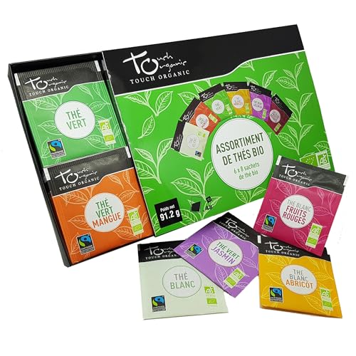 Touch Organic - Coffret de Thés Bio | 48 Sachets & 6 Variétés | Coffret découverte | Thés écologiques et issus du commerce équitable | Thés verts et blancs