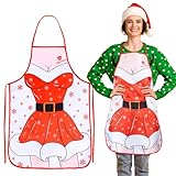HONMOK Weihnachten Schürze Damen Weihnachtsschürze Frauen Kochschürze Weihnachtsfrau Schürze Rote Küchenschürze Neuheit Grillschürze für Weihnachtsfeier Party Kochen BBQ Grillen