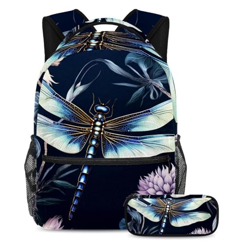 Ensemble cartable enfant Blue Art Dragonfly 34 sac à dos Large et trousse bleu libellule