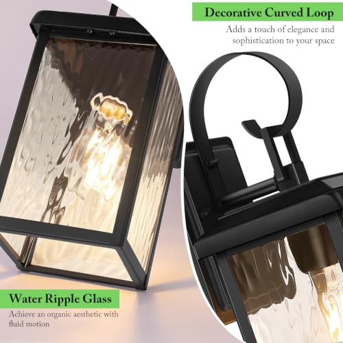 Image of BesLowe 2-Pack Outdoor Wall Light Fixtures with Water Ripple Glass, Black
