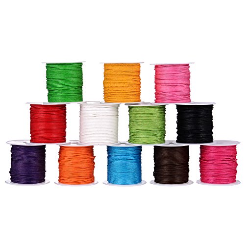 Shappy 12 Rolls 1 mm Waxed Cord, Imitation Leather Waxed Thread Braided Strings for Craft Making, DIY, Beading, 12 Colors, 10 Meters Each