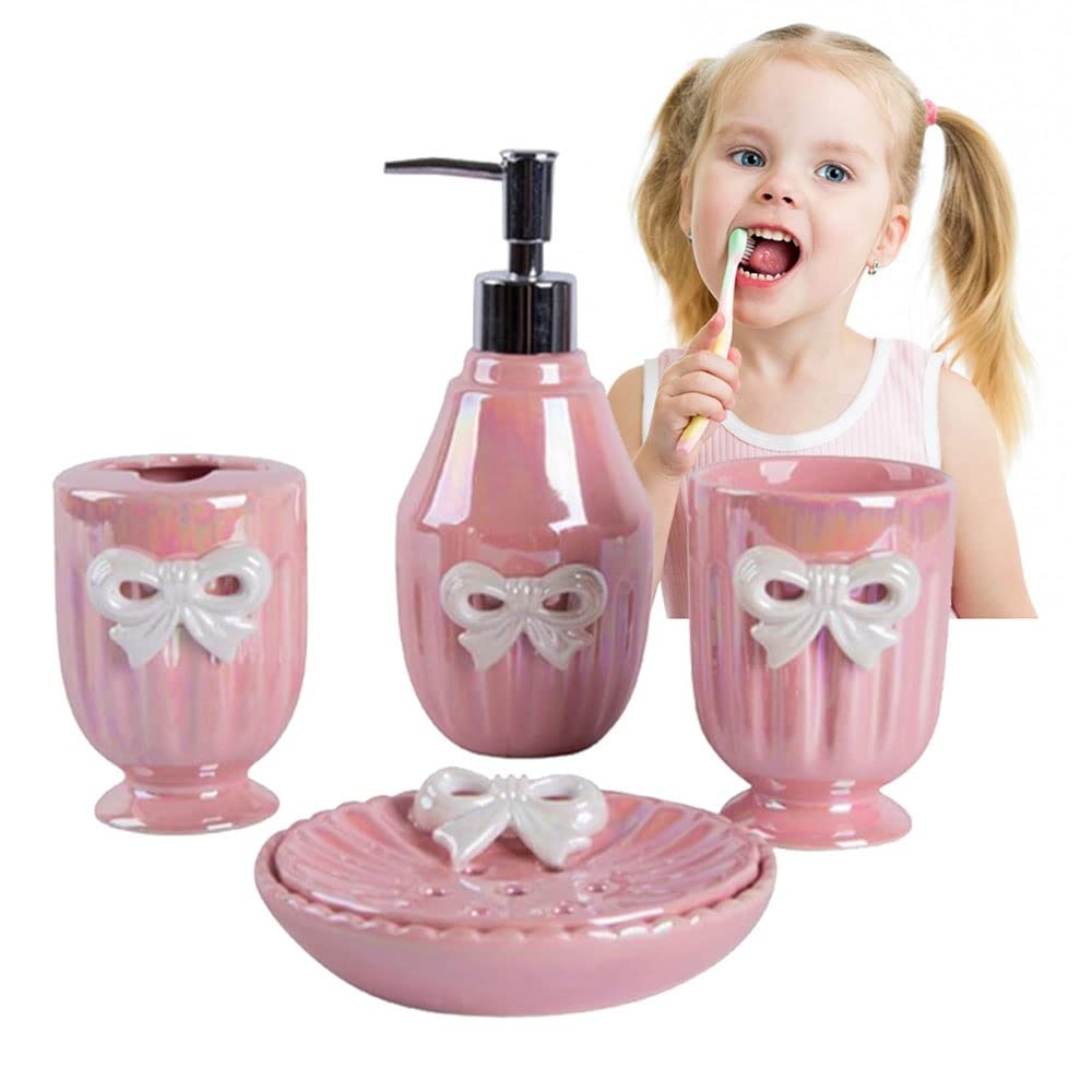 DSMYYXGS 4/5 Piezas Juego de Accesorios for Baño Adornos de Cerámica Linda Nudo de Proa Porta Cepillos de Dientes, Jabonera, Dispensador de Jabón, Vaso for Enjuague Bucal (Size : 4 Pieces)
