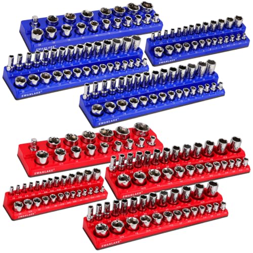 Image of 8-Piece Magnetic Socket Organizer Set, SAE & Metric Socket Holders for 1 /4 inch, 3 /8 inch, 1 /2 inch Drive, Holds 199 Sockets, Rubber-Coated Toolbox Storage Trays, Blue and Red Tool Box Organizer
