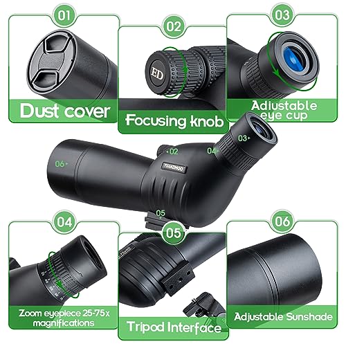 Image of 25-75 X 60 Spotting Scope with Tripod Phone Adapter Monocular Telescope Spotting Scopes for Target Shooting Hunting Bird Watching Black
