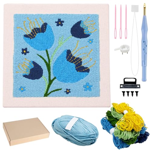 Image of Allazone Punch Needle Starter Kit, Punch Needle Embroidery Kit Frame, Square Fabric with Flower Pattern, Hoop, Yarns (Blue)