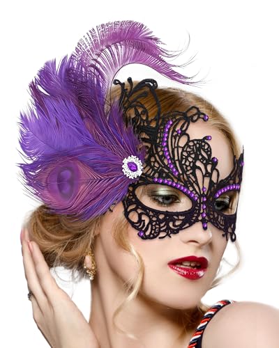 Image of ETOFETE Feather Masquerade Mask for Women Purple Venetian Lace Eyemask