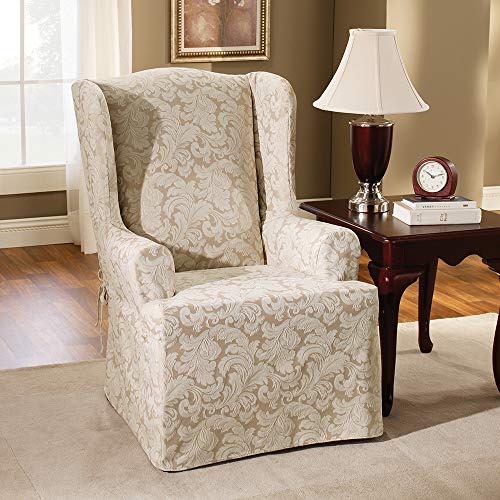 Sure Fit Scroll Damask Box Cushion Wing Chair One Piece Slipcover, Relaxed Fit, Cotton/Polyester, Machine Washable, Champagne Color #TOP2