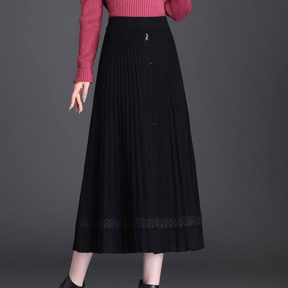 Rock Damen,Damen-Midirock, Schwarz, Elastisch, Mit Hoher Taille, Knopf, Spitze, Gestrickter, Plissierter Regenschirmrock, Schmaler A-Linien-Schaukel, Geraffte, Elegante, Lange Röcke Für Mädchen,