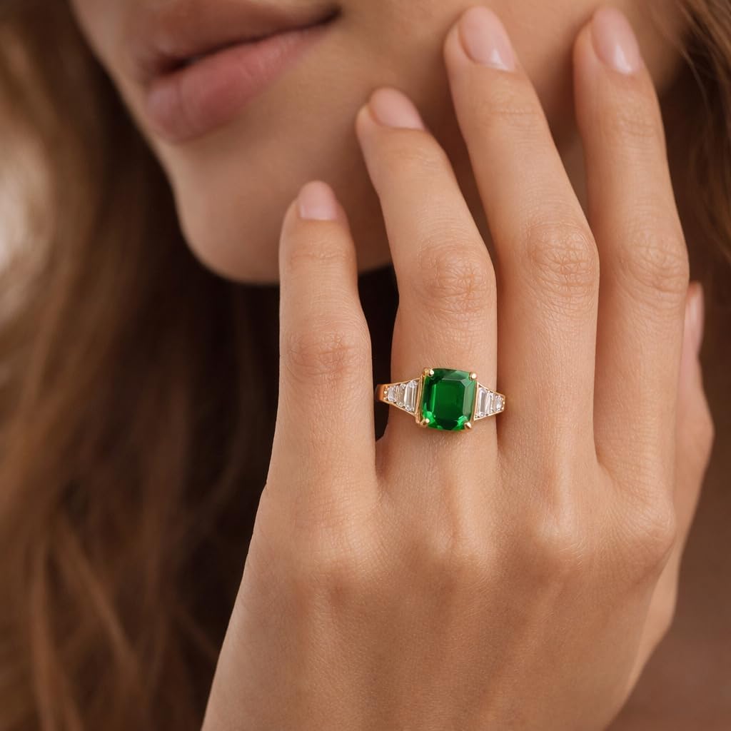 Emerald Cut Green Emerald Engagement Ring 14K Yellow Gold Three Stone CZ Diamond Ring with Baguette Side Stones Vintage Inspired Anniversary Jewelry Gift for Her