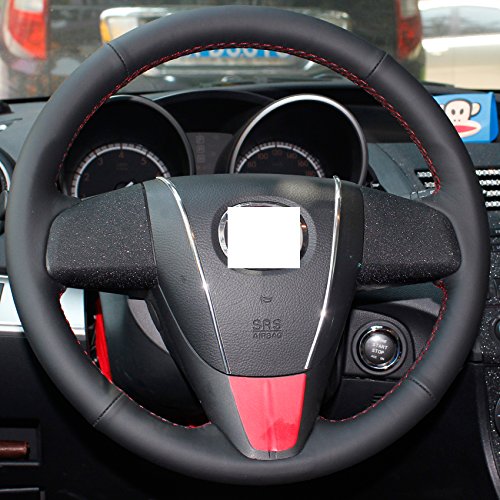 Ablee Superior Microfiber Leather Steering Wheel Cover For 2010-2013 Mazda 3/2011 2012 2013 Mazda 6/2012 2013 2014 2015 Mazda 5/2011-2013 Mazda Cx-7/2010-2015 Mazda Cx-9 (Black Leather Red Thread) #TOP30