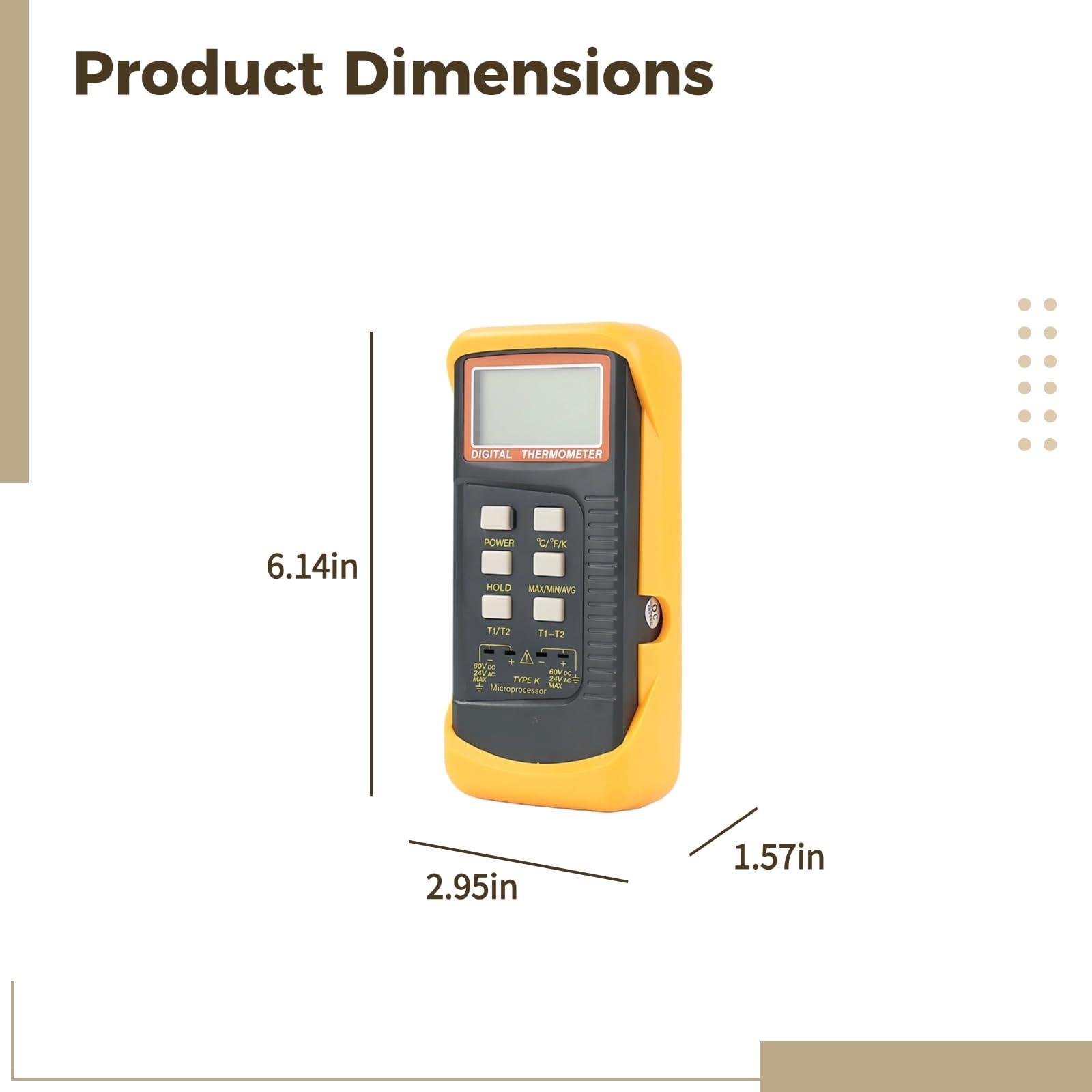 Digitales Thermometer, 2-Kanal K-Typ Thermometer, -58℉ bis 2372℉, -50℃ bis 1300℃, Doppel-Eingang, T1 T2 Temperaturdifferenz, ABS und PVC, tragbares Temperatur-Pyrometer mit 2 K-Typ-Fühlern