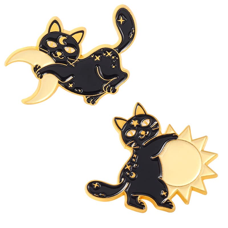 ROFARSO Cat Enamel Lapel Pin Set Cartoon Cat with Sun and Moon Pin, Accessory for Backpacks Clothing Bags Hats Shirts (2piccs pin set)