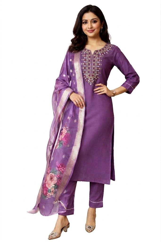 Women's Regular Fit Embroidered Kurta Pant Set with Floral Dupatta | Breathable Magic Cotton 3-Piece Ethnic Outfit for Office, Casual & Daily Wear (Light Purple)-image-3