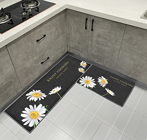 Lot de 2 tapis de cuisine antidérapants Motif tournesol pour cuisine, salon, salle à manger, salle de bain, 40 x 120 cm+40 x 60 cm (camomille) Cover