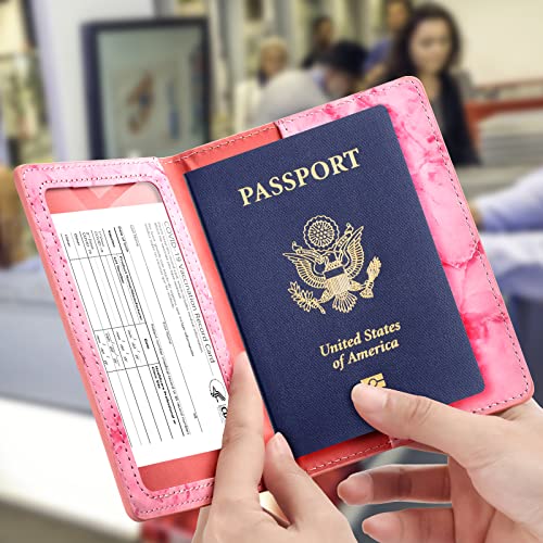 Image of Eoehro Passport and Vaccine Card Holder, Faux Leather, E-Marble Rose Red, Unisex, 5.6 inchx 4 inch