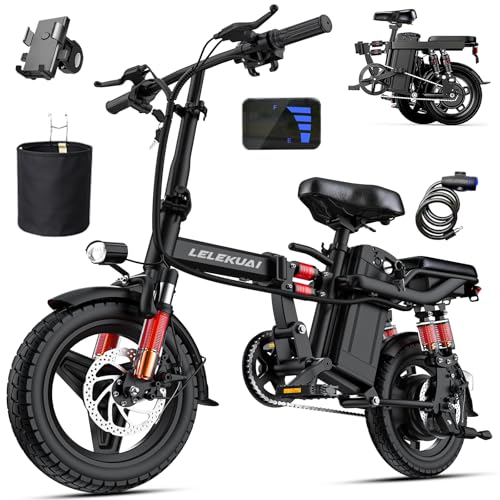 LELEKUAI Heavy-Duty Foldable Electric Bike for Adults with 7 Shock Suspension, 500+ lbs Capacity, 750W Motor, 24MPH, 48V Removalbe Battery, 14“ Fat Tires Commuter Bicycle for Road & Mountain Riding