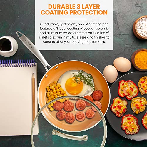 Almond Non-Stick Skillet Frying Pan- Copper Ceramic Fry Pans With Tempered Glass Lid & Stainless Steel Handle, Round Aluminum Saute Pan, Dishwasher And Oven Safe - 12 Inches #TOP1