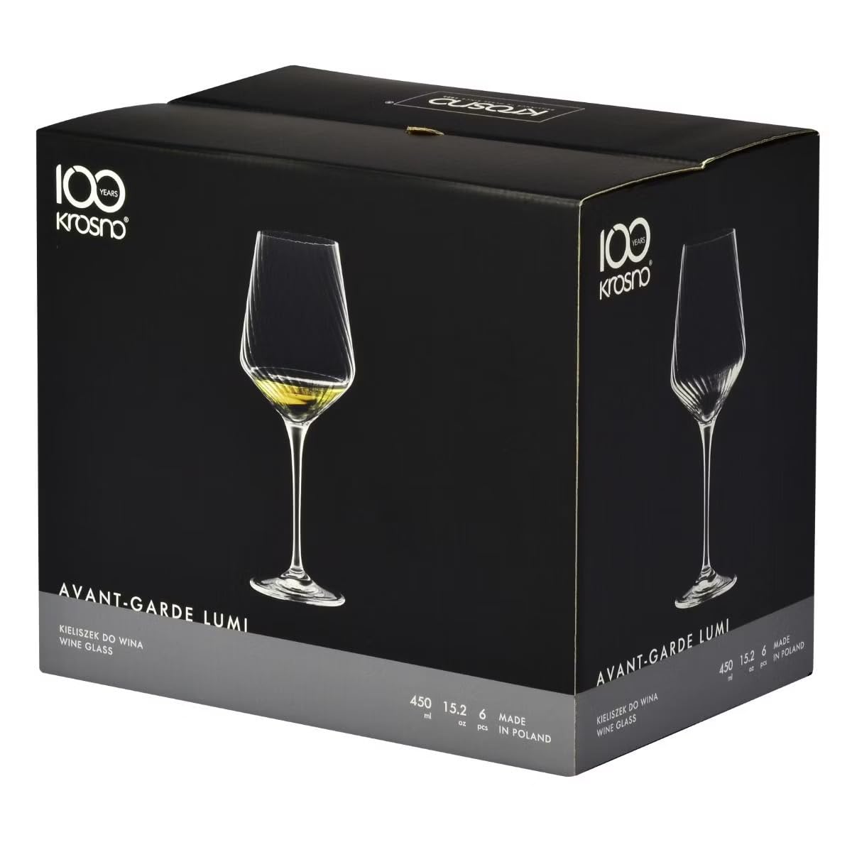 KROSNO Kieliszki do Białego Wina Avant-Garde LUMI, Zestaw 6 x 450 ml | Szkło Kryształowe Bezołowiowe, zdobienie optyczne, do chardonnay, win musujących i koktajli, zmywarka