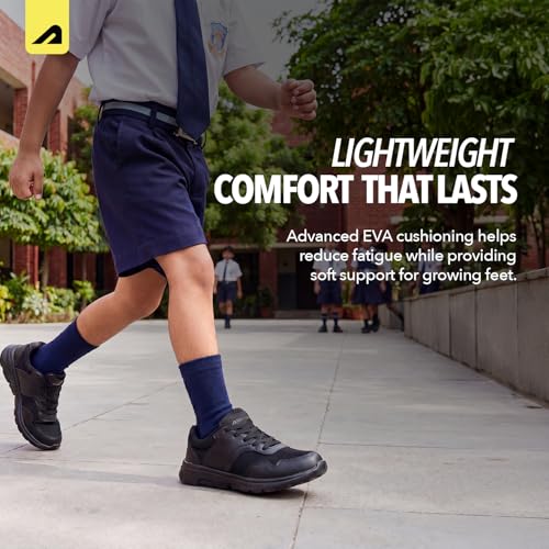 Image of Boldfit School Shoes Black for Boys & Girls Lightweight EVA Sole Breathable Mesh & PVC Upper Anti-Skid Velcro & Lace Closure Uniform Footwear for Kids Comfortable School Shoes
