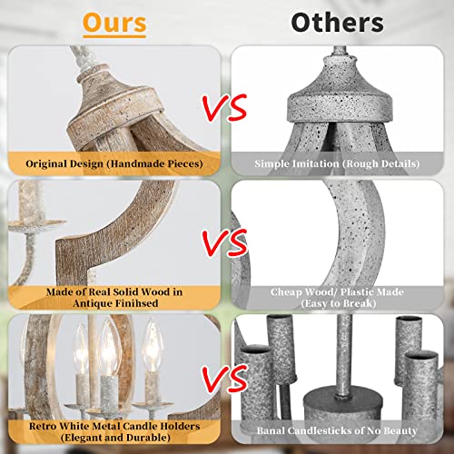 Philomena 4-Light Wood Farmhouse Chandelier Ceiling Light, Handmade Wooden Rustic Antique Vintage Dining Room Light Fixture French Country Hanging Lamp Pendant Light For Entryway Bedroom Kitchen Foyer #TOP4