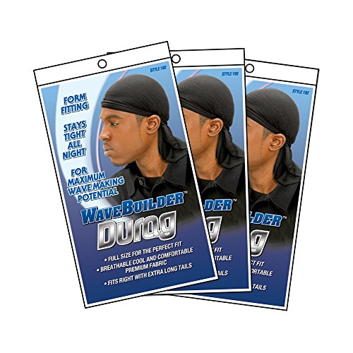 WaveBuilder Premium Stretch Durag for Smooth and Uniform Hair Waves, 3 Pack (Black)
