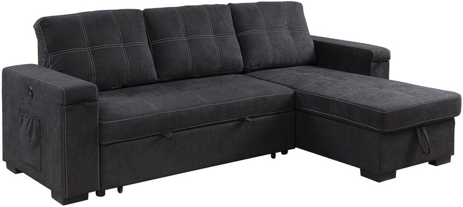 ERYE Modern Reversible Tufted Sleeper Sectional Sofa W/Pull Out Couch Bed and Storage Chaise, L-Shaped Woven Linen Fabric Upholstered Sofa&Couch Convertible Sofabed with Hidden Cupholders & USB Ports