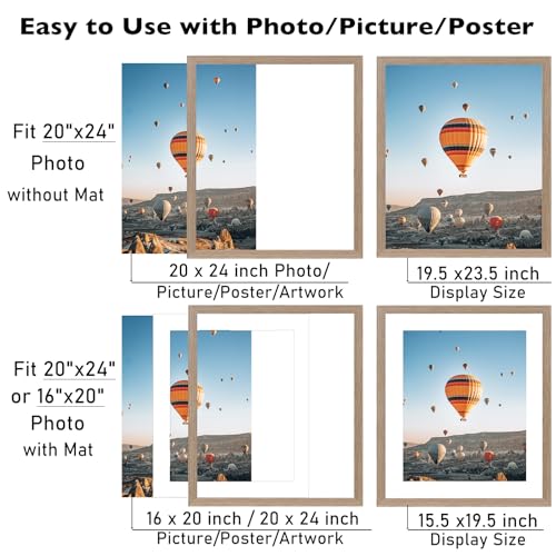 Image of JCJMY 20x24 Picture Frame with 16x20 Mat, Display Photo 16x20 with Mat or 20 x 24 Without Mat, Wall Hanging Large 20 by 24 Poster Frame with Plexiglass, Rustic Brown