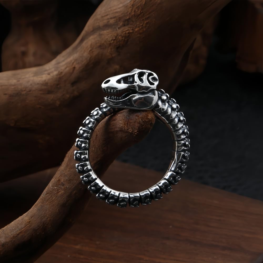 Vintage Schwarz 925 Sterling Silber Dinosaurier Skelett Ring für Herren Damen Verstellbarer Größe 58-63