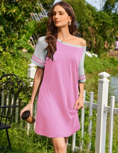 Image of Ekouaer Nightgowns for Women Color Block Sleep Shirt Short Sleeve Sleepwear