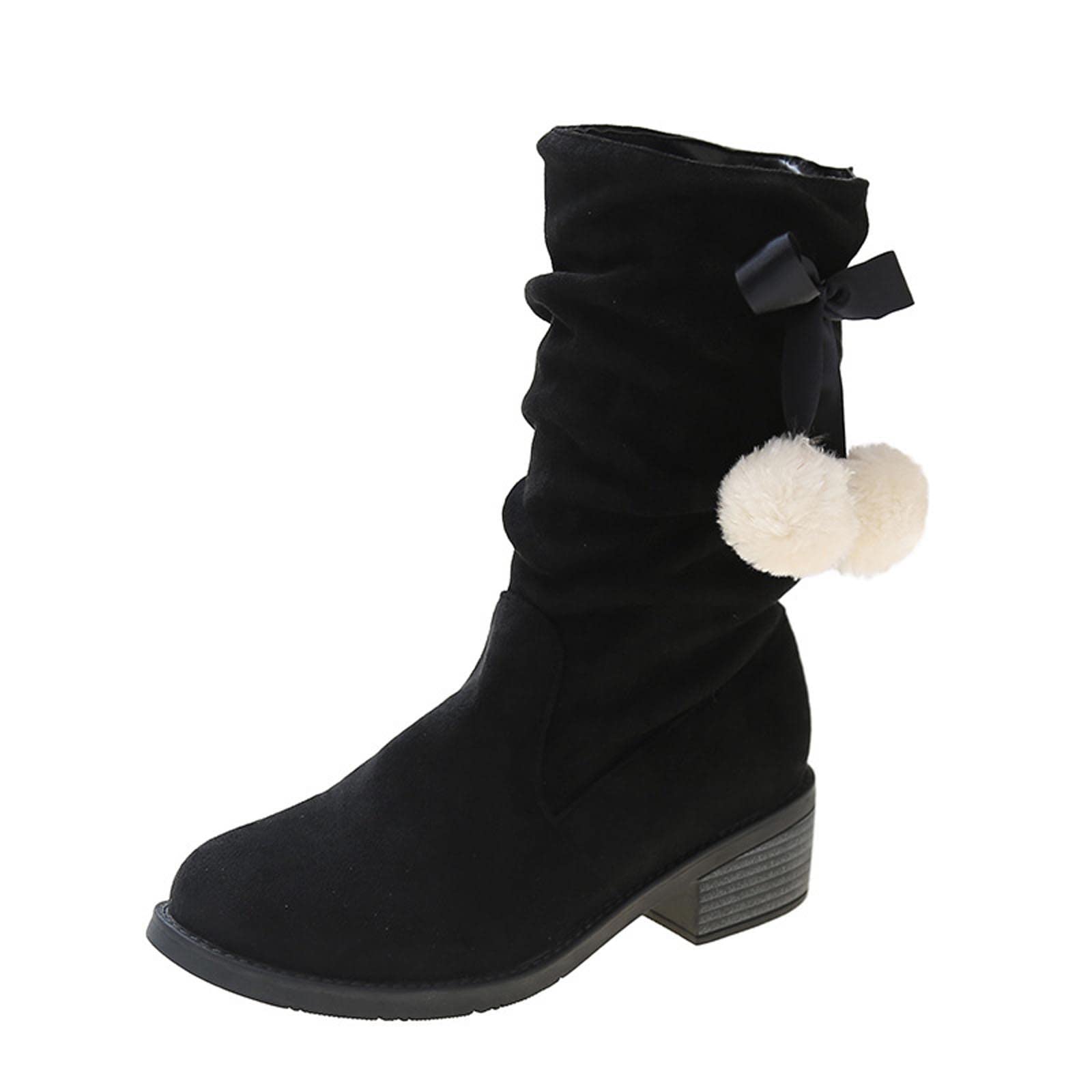 Womens Suede Boots Slip-On Mid Calf Lace Up with Side Pom Round Toe Shoes Chunky Fall Winter Christmas