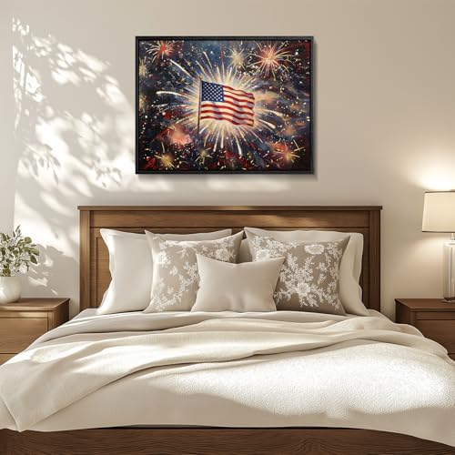 Image of American Flag Framed Canvas Wall Art, 4th of July Red White Blue Canvas Prints, USA Flag with Fireworks Patriotic Decorations, Modern Independence Day Wall Decor for Bedroom Living Room 12x16