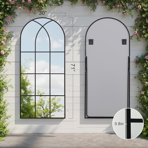Image of Arched Window pane Full Length Mirror 30 inchx71 inch, Full Body Standing Mirror, Window Shaped Farmhouse Style with Aluminum Frame, Decor Wall Mirrors for Living Room, Courtyard, Bedroom, Entryway, Black