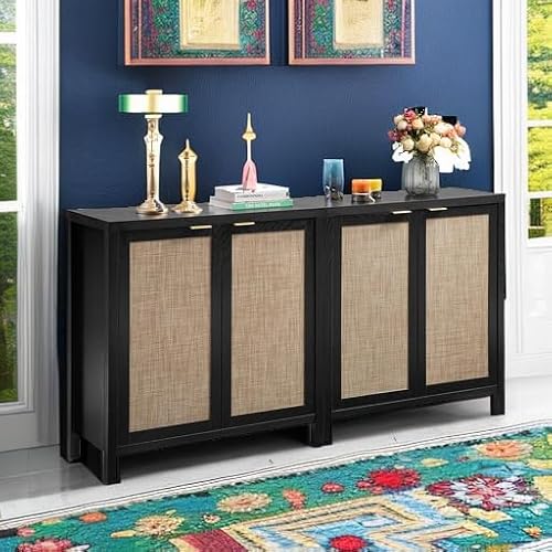 SICOTAS Sideboard Buffet Storage Cabinet - Boho Rattan Credenza Coffee Bar Cabinet with Large Storage, Farmhouse Console Buffet Table for Kitchen Living Room Entryway - 2 Black Pieces - Thumbnail 6