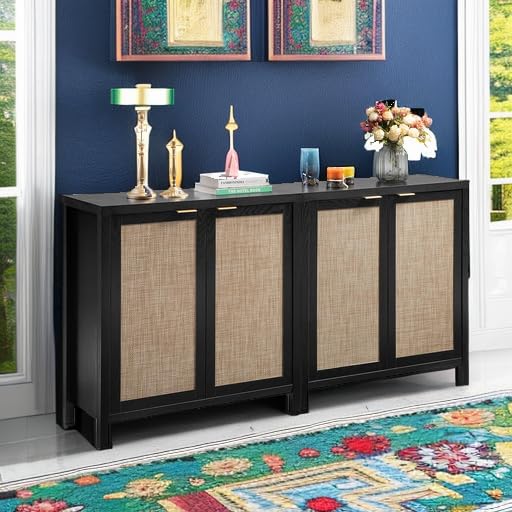 Image of SICOTAS Sideboard Buffet Storage Cabinet - Boho Rattan Credenza Coffee Bar Cabinet with Large Storage, Farmhouse Console Buffet Table for Kitchen Living Room Entryway - 2 Black Pieces