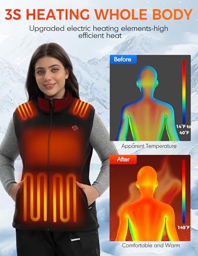 TODWARM Beheizbare Weste Damen Fleece mit Powerbank, 15 Heizzonen Heizweste Damen Fleece Leicht Wärmeweste für Camping Wandern Jagen Trekking Angeln Outdoor Aktivitäten Beheizte Weste Schwarze L