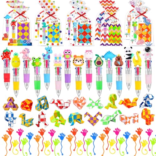 Detalhes aniversários infantis presentes de aniversário crianças escola canetas bonitas cores 4 em 1, cubos mágicos e mãos pegajosas com bolsas de presente e etiquetas de conformidade (30)