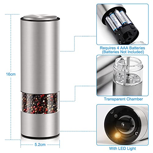 Electric Pepper Grinder, Salt Grinder Battery Powered, Electric Pepper Mill With Adjustable Coarseness And Led Light, Automatic Grinder For Salt, Pepper, Spices,Silver #TOP4