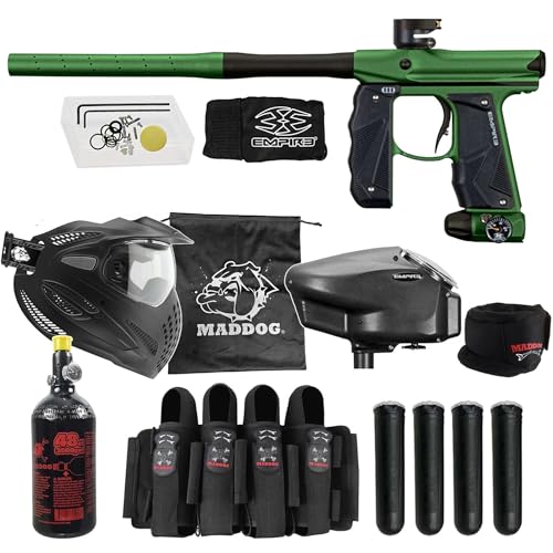 Image of Maddog Empire Mini GS Full Auto Paintball Gun Marker w /HPA Tank, Empire Halo Too Loader, Thermal Anti-Fog Paintball Mask Goggle, Neck Protector, 4+3 Harness & (4) Pods Starter Package Green /Brown