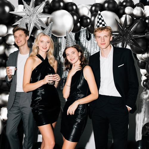 Image of Black and Sliver Balloons Arch Garland Kit, 5 10 12 18 inch Sliver Black Baloons with Explosion Star Ballons 101pcs Balloons for Anniversary Wedding New Year Birthday Party Decorations