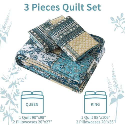 VAPUTAR Quilts King Size - Soft King Quilt Bedding Set with Floral Pattren - 3 Pieces Patchwork Cotton King Bedspreads Set for Farmhouse Bedroom (Dream Blue)