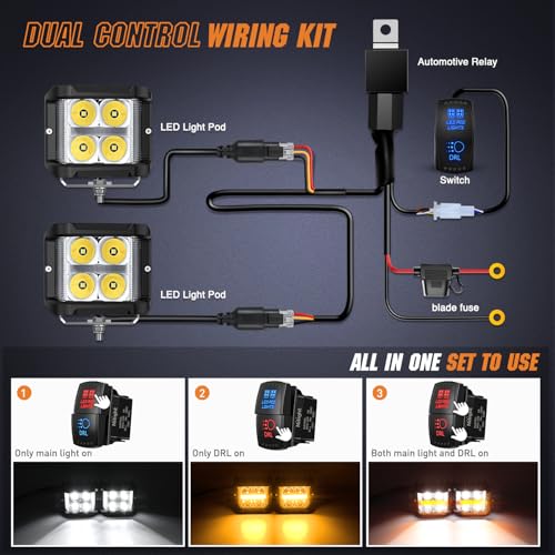 Image of Nilight Side Shooter LED Light Pods with Amber DRL 4 Inch 26 W Spot Flood Combo LED Cubes Light w / 16AWG Wiring Kit for Offroad Driving Fog Light Auxiliary Light on Truck ATV UTV