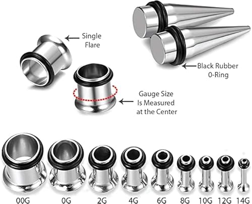 Cabbe Kallo 14G-00G 36Pcs Ear Gauges Stretching Kit Surgical Steel Tapers Tunnels Plugs Piercing Set Body Jewelry, Silver Tone #TOP5