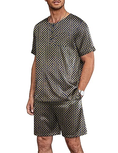 Image of Ekouaer Mens Pajamas Set Silk Satin Pjs Sets Summer Short Sleeve Button Down Sleepwear 2 Piece Loungewear with Pockets