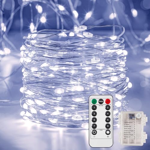 Ariceleo Ghirlanda Luminosa LED 10m, 100 Luci di Fata a Batteria, 1 Pack Filo di Rame Bianco con Telecomando, Timer & Modalità Scintillio, Ideale per Esterni Camera da Letto Matrimoni Natalizie