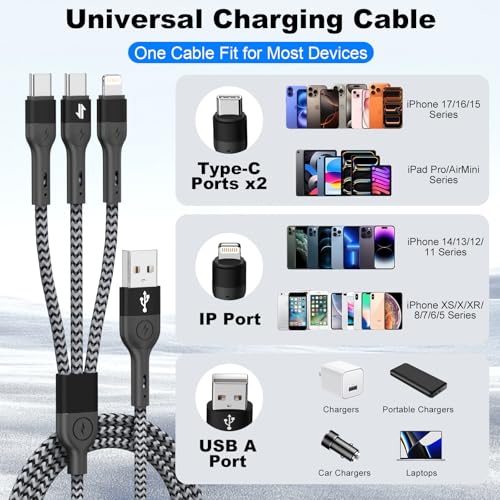 Image of Multi Charging Cable, 3 in 1 Charging Cable for Multiple Devices, Nylon Braided Universal Charger for Travel, USB Cable Multiple Phone Charger with Type C Lightning for iPhone17 /16 /15 /14 /13(2Pack 4FT)