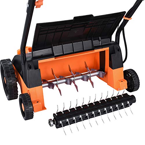 Hattomen Lawn Dethatcher & Scarifier, 12 Inch Working Width, 11 Amp Electric Lawn Dethatcher with a Replacement Raking, 4 Central Adjustable Heights, Tool-Free Assembly, 8 Gallon Grass Collection Bag