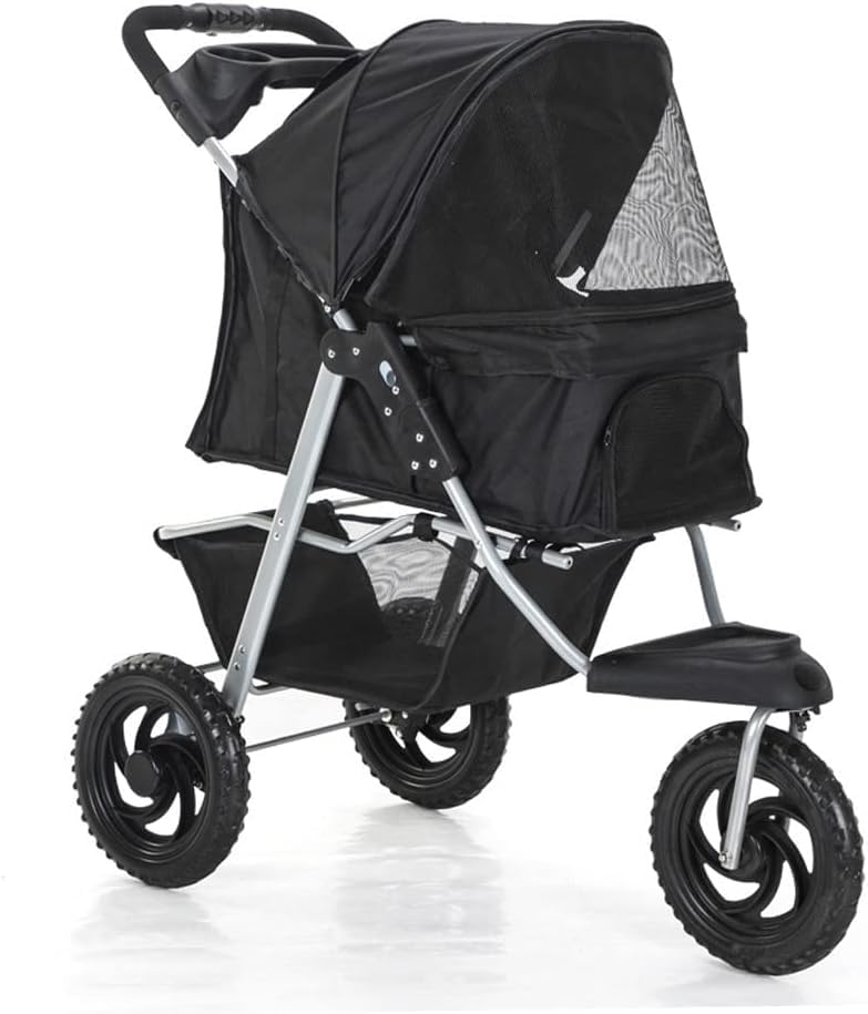 Cochecito para mascotas para perros medianos y pequeños, cochecito de 3 ruedas con ruedas grandes, carrito para gatos/perros, incluye portavasos, práctico y elegante portabebés de viaje (Nero)